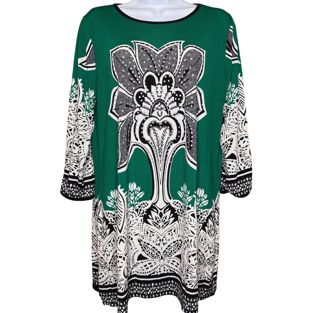 Serengeti Womens Green Black Floral Maximalist Tunic Dress Size 1X Exotic Print